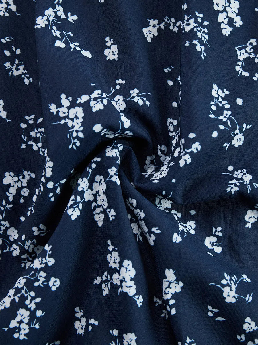 Retro Classic Floral Print Navy Blue Chiffon Sleeveless Maxi Dress