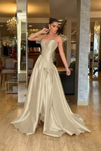 Stunning Strapless Sleeveless Long Split Prom Dress With Pleated WQ0224