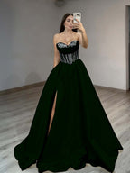Satin Sweetheart Sleeveless Long Pleated A-Line Prom Dress With Rhinstone And Split YK0584