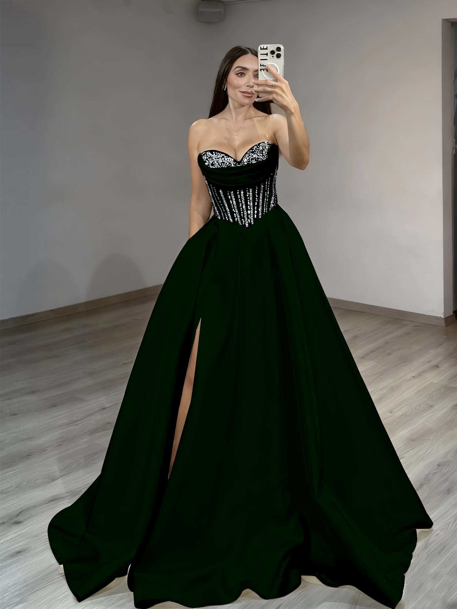 Satin Sweetheart Sleeveless Long Pleated A-Line Prom Dress With Rhinstone And Split YK0584