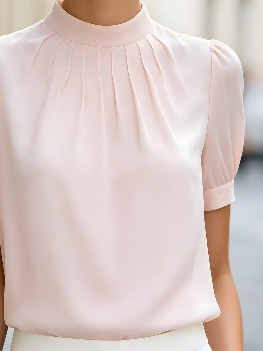 High-Neck Pleated Puff Sleeve Blouse