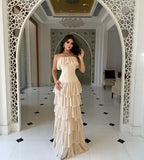 Cocoslly Strapless Sleeveless High Waist Long Prom Dress With Ruffles | Nude Champage Chiffon YC0565