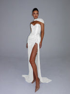 Cocoslly Strapless Sweetheart Sleeveless High Waist Long Split Prom Dress With Shawl | Silver Grey Sequins YK1275