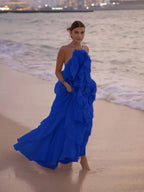 Cocoslly Halter Sleeveless High Waist Long Prom Dress With Ruffles | Lilac Chiffon LX0092