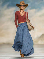 Retro Boho Red Striped V-Neck Long-Sleeve Top And Blue Pinstripe Wide-Leg Culotte Set