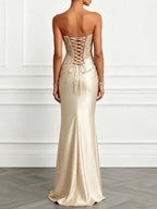 Champagne Lace Jacquard Satin Strapless Sleeveless Mermaid Gown Dress