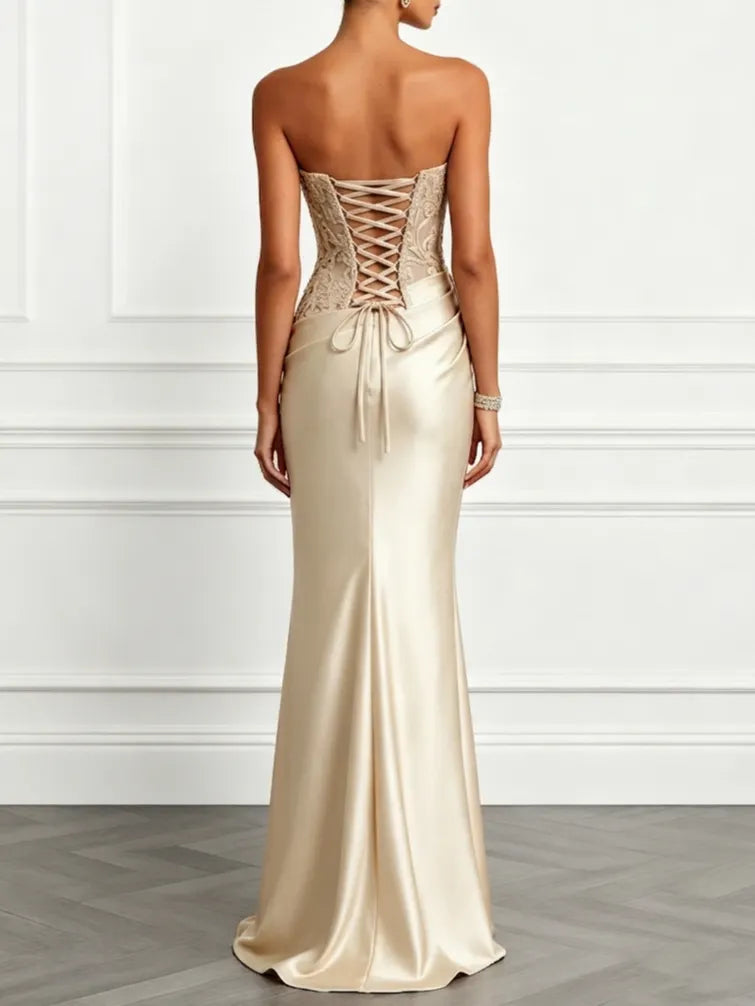 Champagne Lace Jacquard Satin Strapless Sleeveless Mermaid Gown Dress