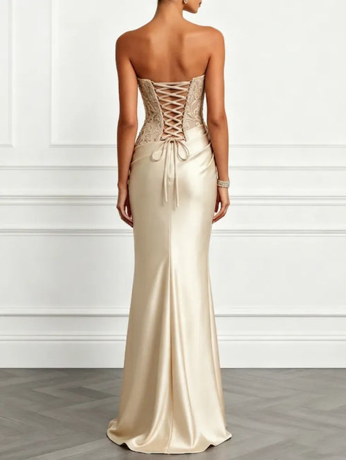 Champagne Lace Jacquard Satin Strapless Sleeveless Mermaid Gown Dress