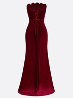 Wine Red 3D Floral Velvet Strapless Sleeveless Sheath Gown Dress