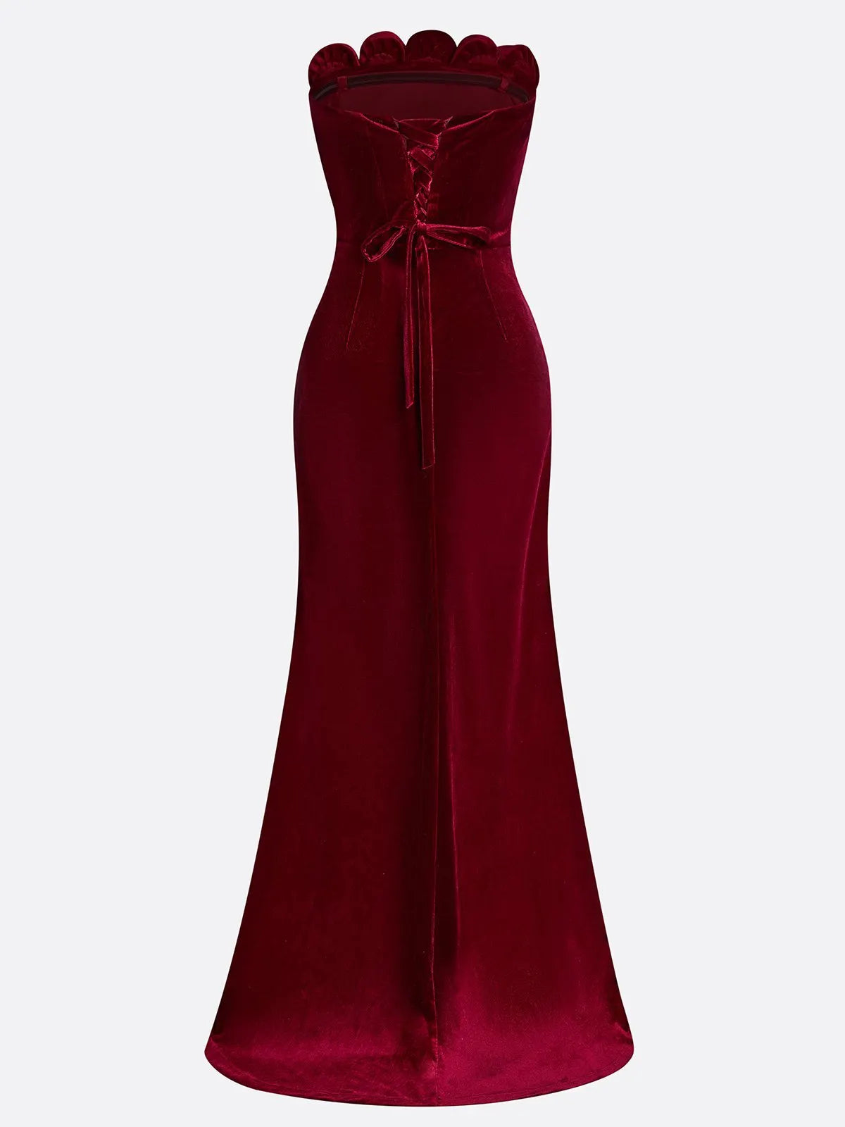 Wine Red 3D Floral Velvet Strapless Sleeveless Sheath Gown Dress