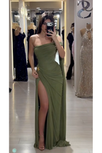Cocoslly Sleeveless High Waist Long Prom Dress With Deep Split | Olive Green Chiffon CO0146