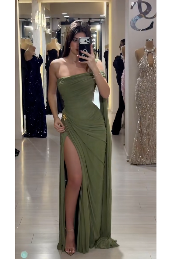 Cocoslly Sleeveless High Waist Long Prom Dress With Deep Split | Olive Green Chiffon CO0146