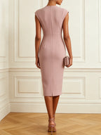 Pink Ruched Classic Crew Neck Cap Sleeve Sheath Midi Dress