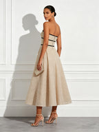 Champagne Glitter Beaded Sequin Strapless Sleeveless A-Line Midi Dress