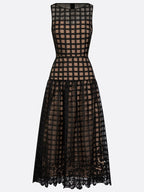 Black Floral Plaid Classic Boat Neck Sleeveless A-Line Midi Dress
