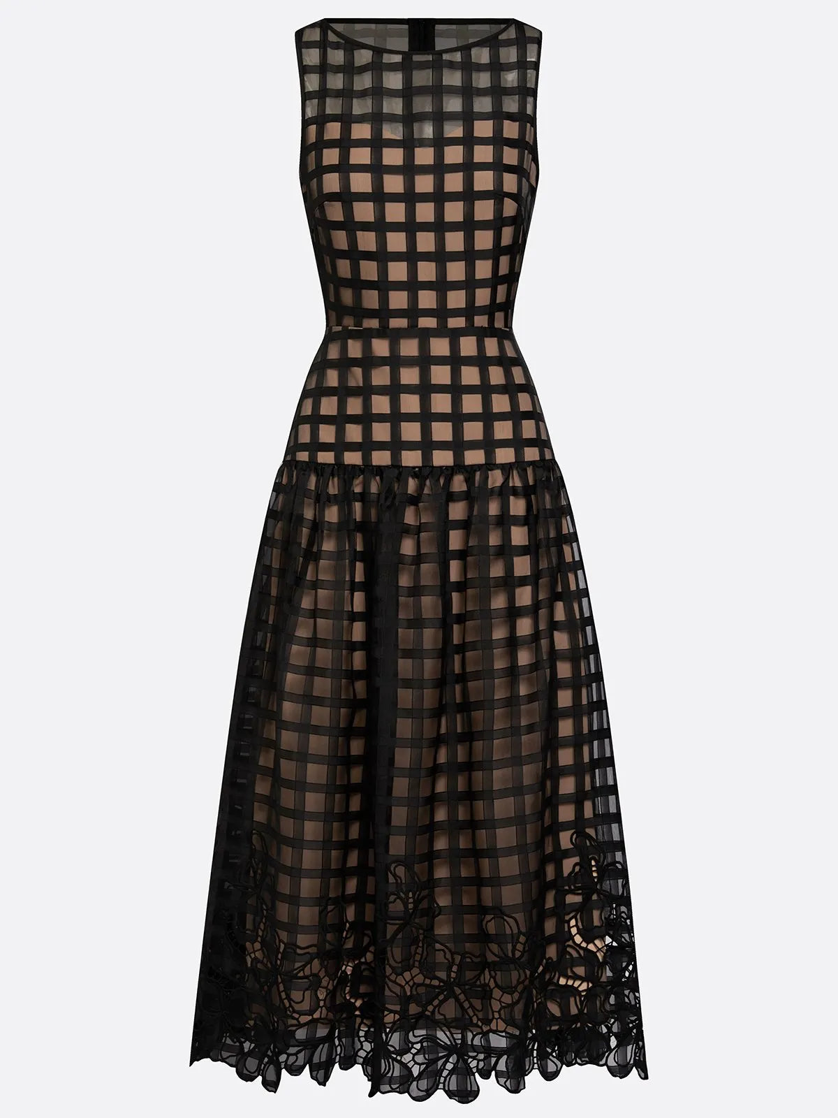 Black Floral Plaid Classic Boat Neck Sleeveless A-Line Midi Dress