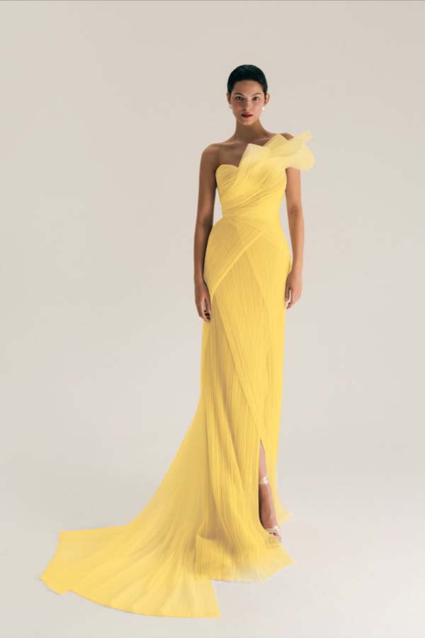 Asymmetric One Shoulder Sleeveless Long Pleated Mermaid Prom Dress With Split WQ0533