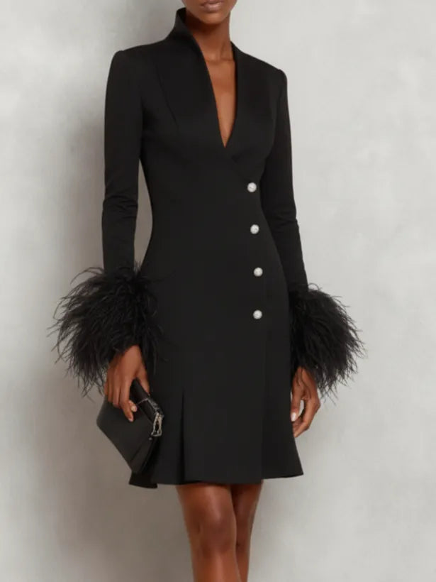 White Feather-trimmed Buckle Classic V Neck Stand Collar Long Sleeve A-Line Mini Dress