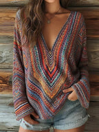 Women's Striped Art Print Casual V-neck Long Sleeve Top