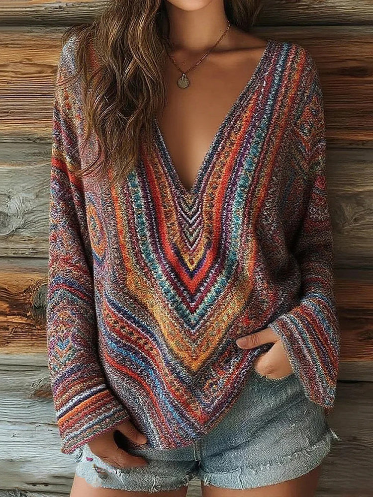 Women's Striped Art Print Casual V-neck Long Sleeve Top