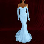 Cocoslly Strapless Sleeveless High Waist Long Mermaid Prom Dress With Rhinstone And Gloves | Smoky Silver Sequins WQ0579