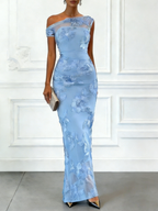 Light Blue Jacquard Classic Off The Shoulder Sleeveless Bodycon Floor-length Gown Dress