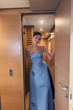 Cocoslly Strapless Sleeveless High Waist Long Prom Dress With Appliques | Mist Blue Satin WQ0251