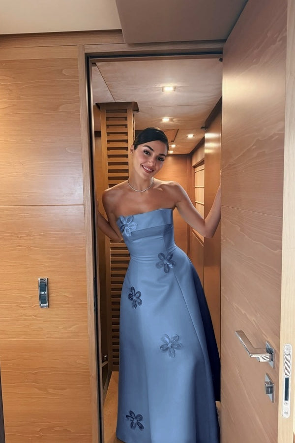 Cocoslly Strapless Sleeveless High Waist Long Prom Dress With Appliques | Mist Blue Satin WQ0251