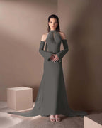 Spandex And Tulle High Neck Strapless Long Sleeves Long Mermaid Prom Dress With Ruffles And Beadings YK0748