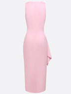 Pink Ruched Peplum Knit Lyocell Deep V Neck Sleeveless Bodycon Midi Dress