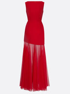 Red Mesh Classic Boat Neck Sleeveless Mermaid Floor-length Gown Dress