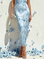 Light Blue Lace Embroidery Lace Crew Neck Sleeveless Sheath Maxi Dress