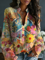 Women's Floral In Gradient Art Print Flowy Linen Blend  Tops