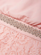 Pink Cotton Rhinestone Ruched Lace Halter Crew Neck Sleeveless Mermaid Floor-length Gown Dress