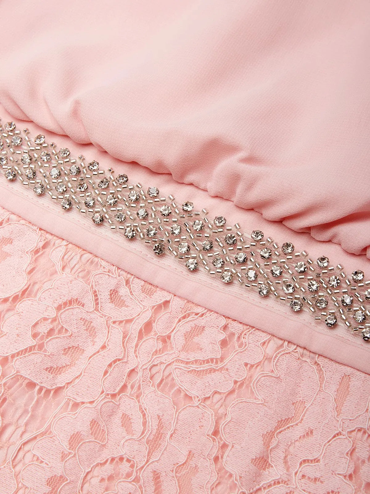 Pink Cotton Rhinestone Ruched Lace Halter Crew Neck Sleeveless Mermaid Floor-length Gown Dress