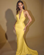 Halter Deep V Neck Sleeveless Long Mermaid Prom Dress With Pleated YK0260