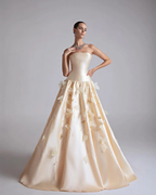 Satin Strapless Sleeveless Long A-Line Prom Dress With Flower Appliqués And Beadings YK0682