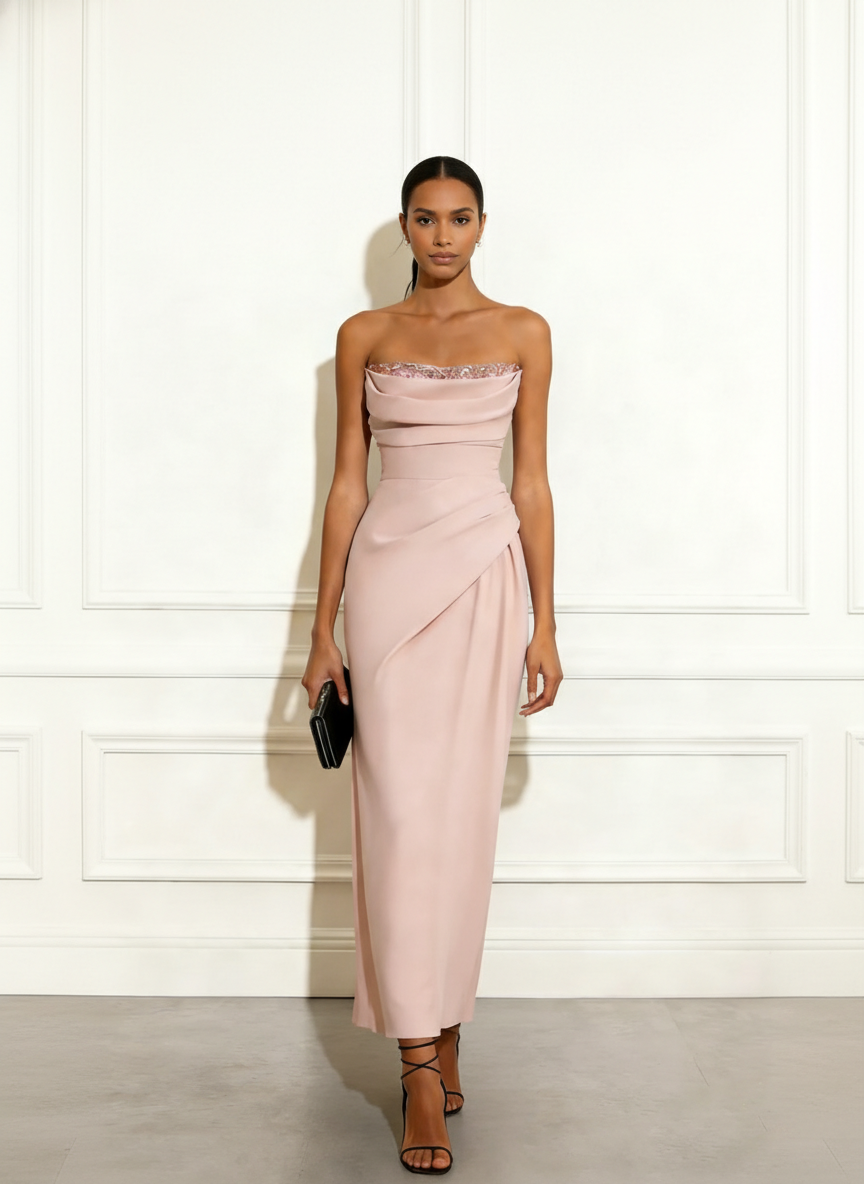 Pink Ruched Glitter Classic Strapless Sleeveless Sheath Maxi Dress