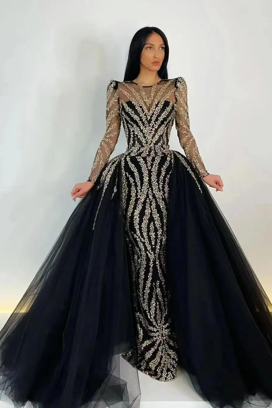 Cocoslly Long Sleeves Mermaid Beadings Embroidery Appliques Prom Dress With Detachable Ruffles | Black Tulle ED0180