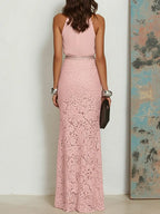 Pink Cotton Rhinestone Ruched Lace Halter Crew Neck Sleeveless Mermaid Floor-length Gown Dress