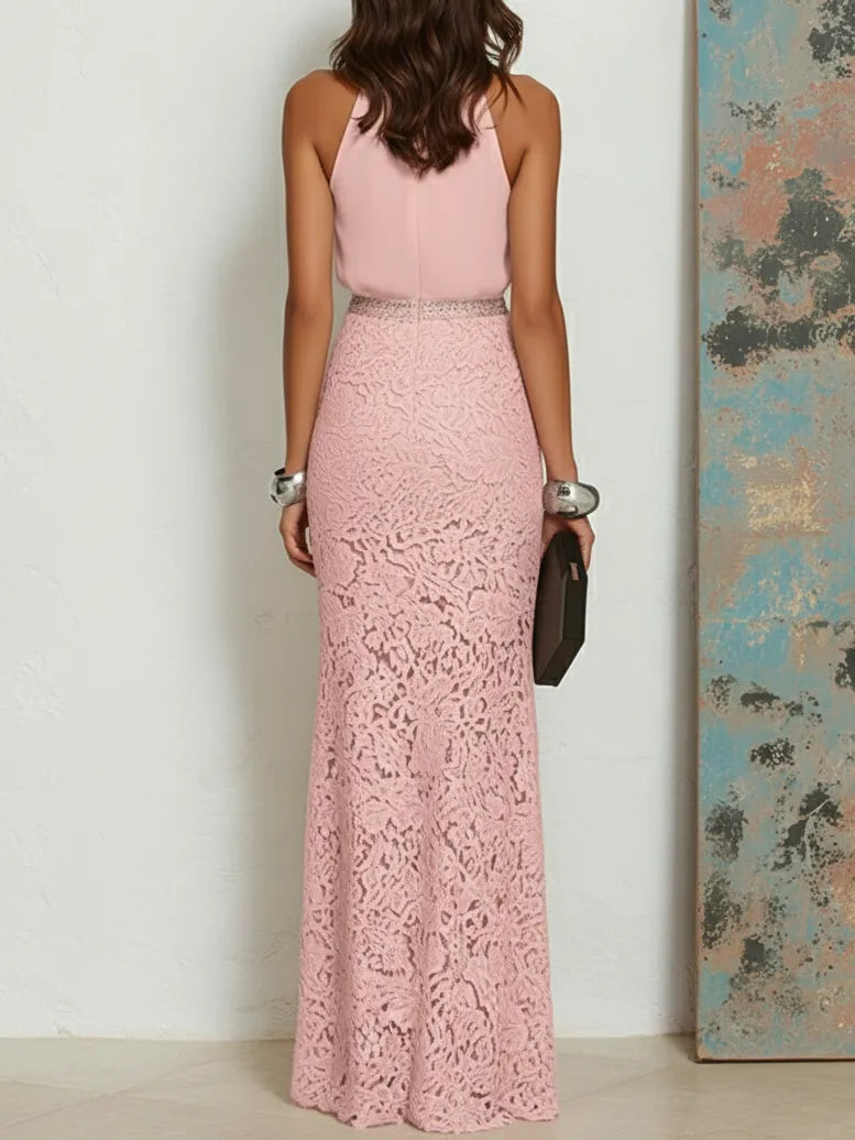 Pink Cotton Rhinestone Ruched Lace Halter Crew Neck Sleeveless Mermaid Floor-length Gown Dress