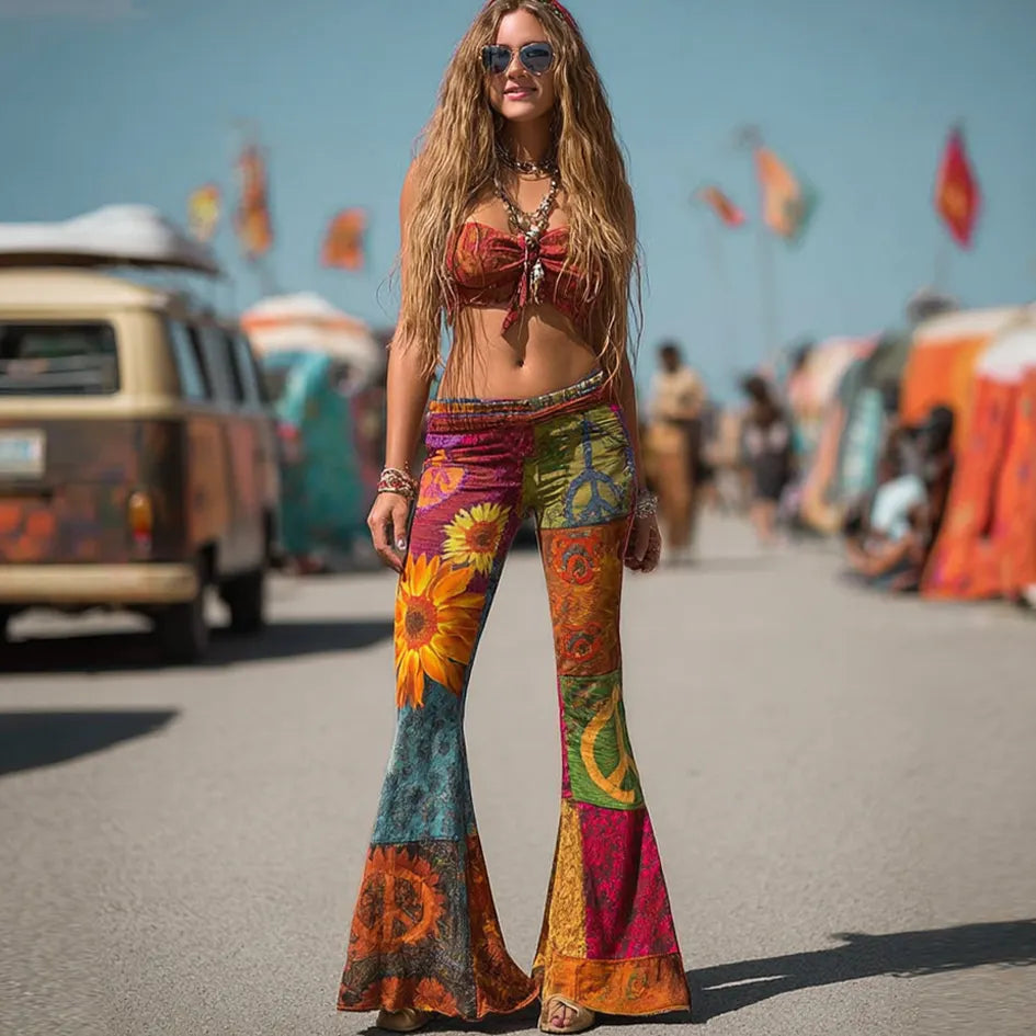 Hippie Bohemian Retro Patchwork Design Women's Casual Flared Pants