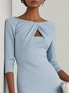 Light Blue Ruched Cotton Boat Neck Half Sleeve Sheath Midi Dress