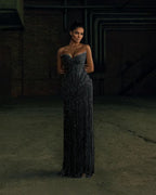 Cocoslly Strapless Sleeveless High Waist Long Prom Dress | Silver White Beading Pearls YK1253