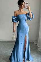 Strapless Bubble Sleeves Long Split Prom Dress With Beading WQ0027