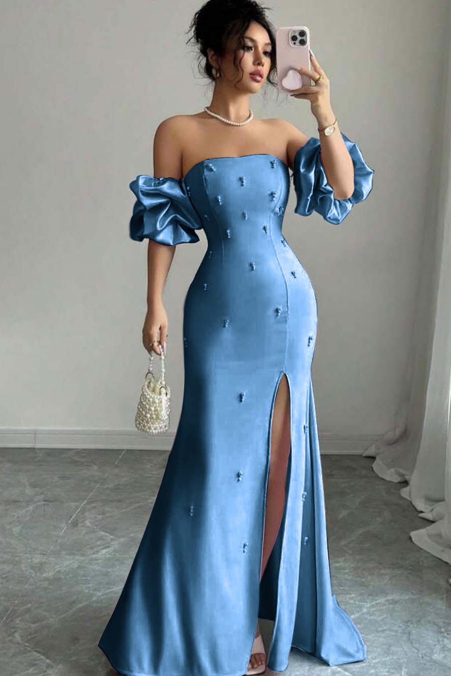 Strapless Bubble Sleeves Long Split Prom Dress With Beading WQ0027
