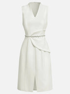 White V Neck Sleeveless Rhinestone Slit A-Line Midi Dress