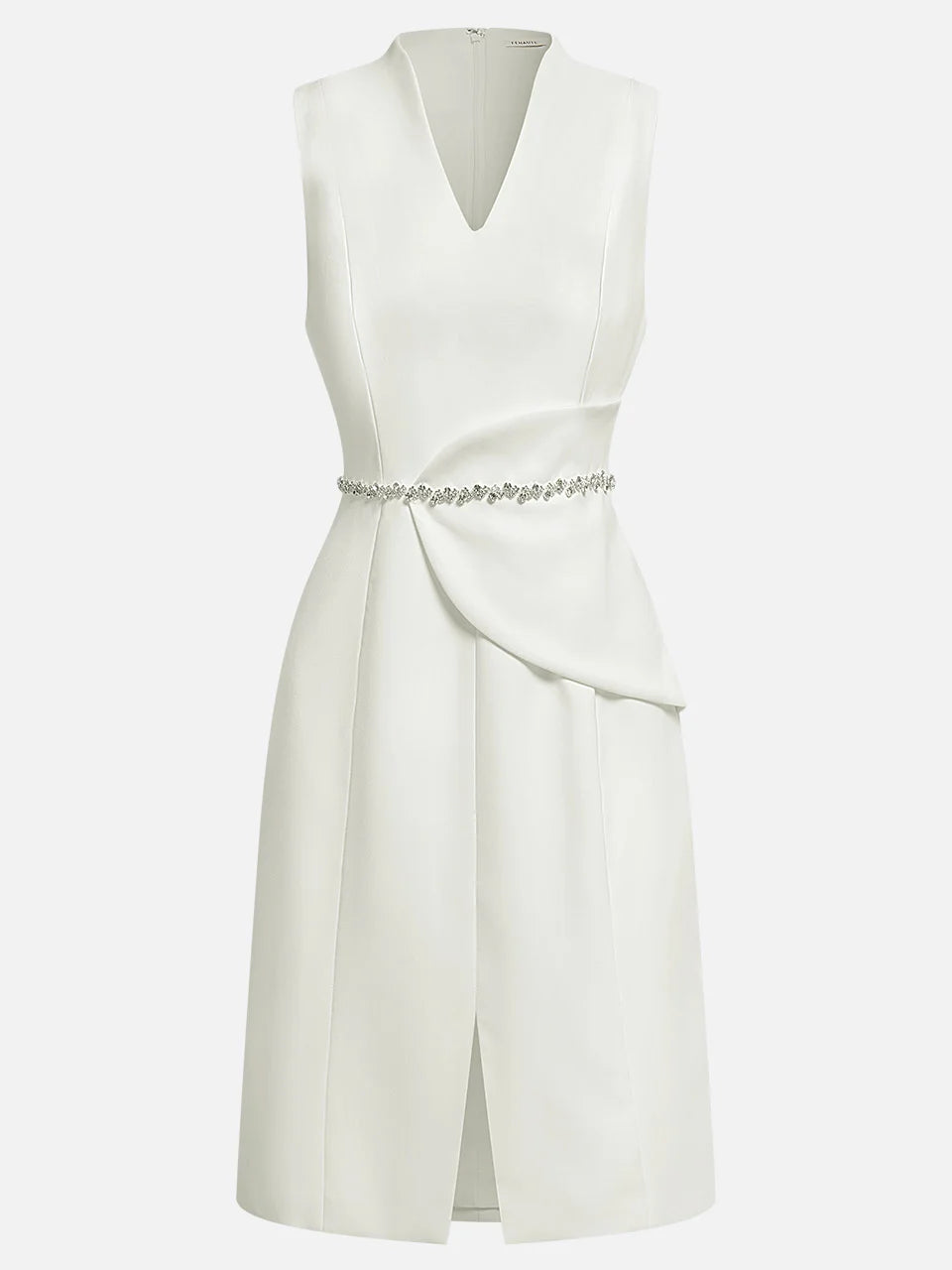 White V Neck Sleeveless Rhinestone Slit A-Line Midi Dress