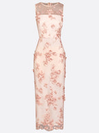 Pink Lace Embroidery Applique Crew Neck Sleeveless Sheath Maxi Dress