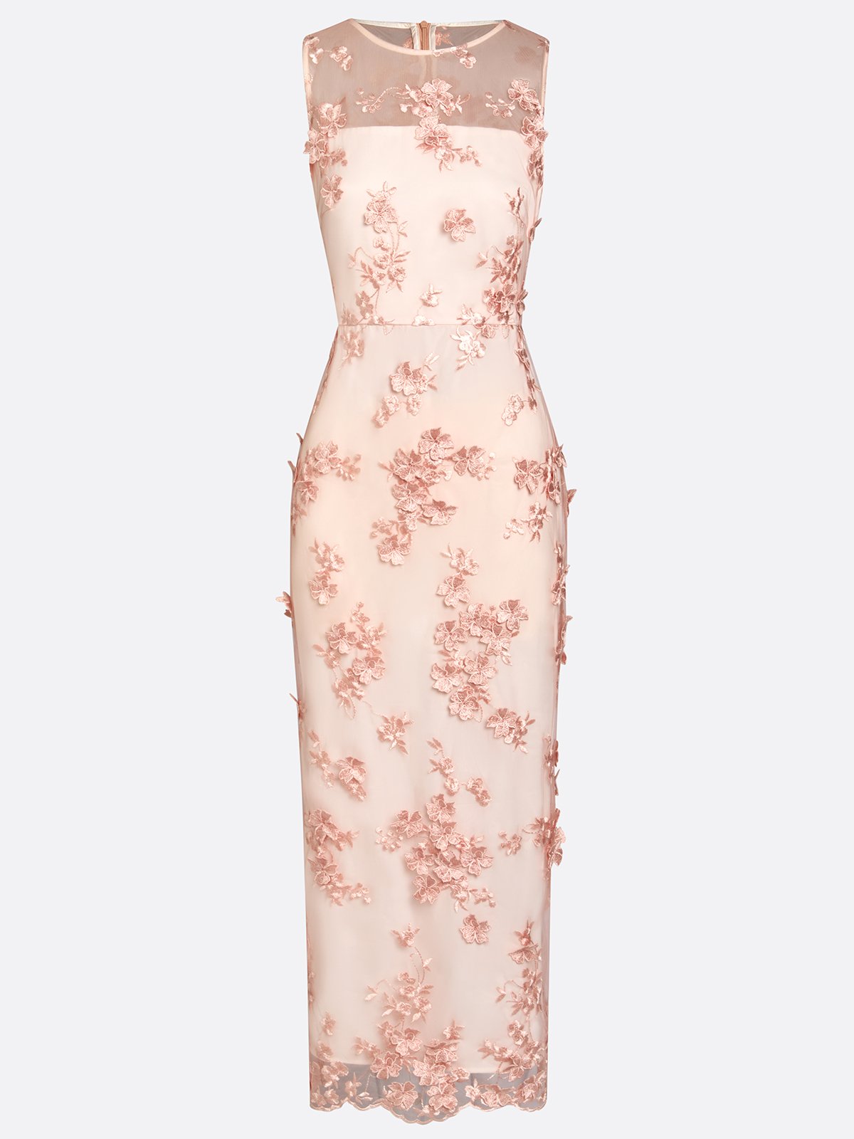 Pink Lace Embroidery Applique Crew Neck Sleeveless Sheath Maxi Dress